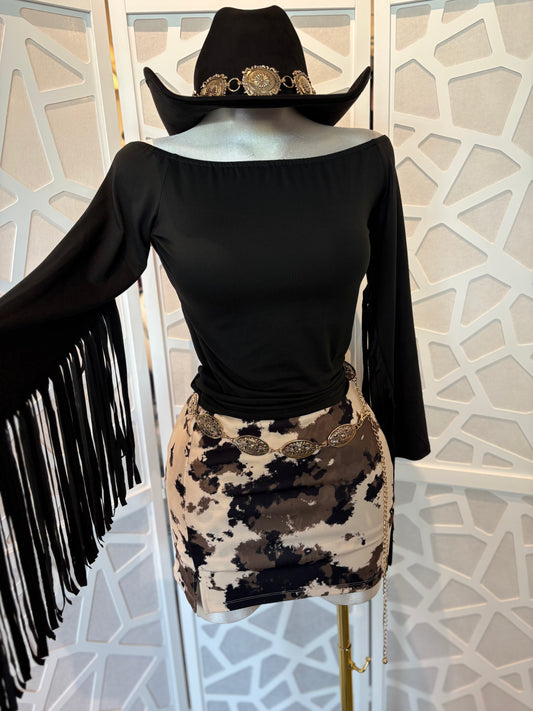 Off shoulder fringe detail long sleeve top