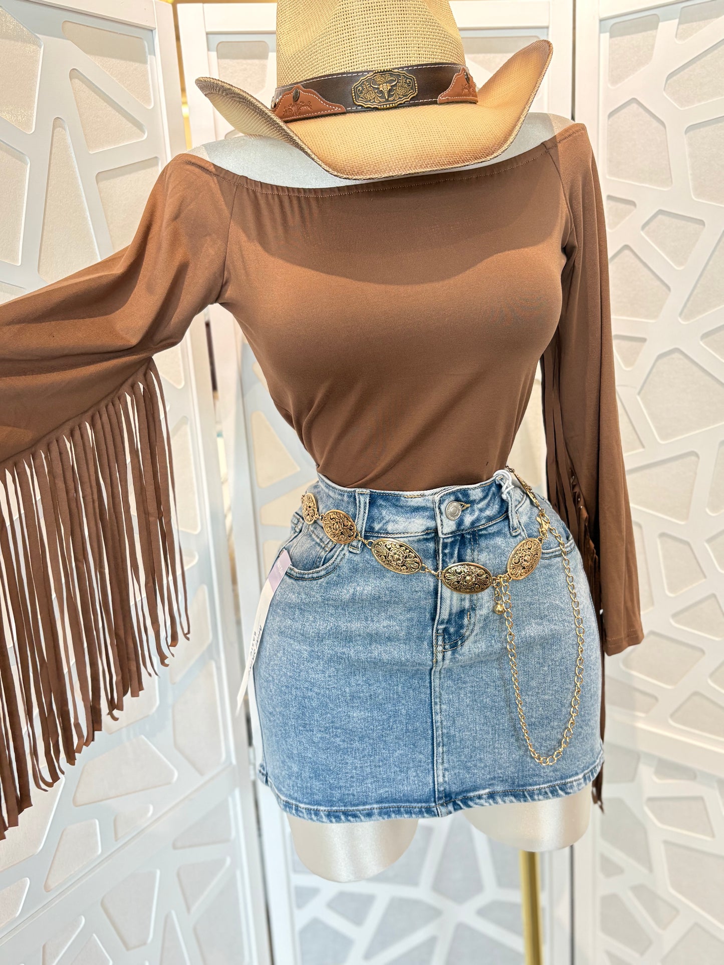 Off shoulder fringe detail long sleeve top