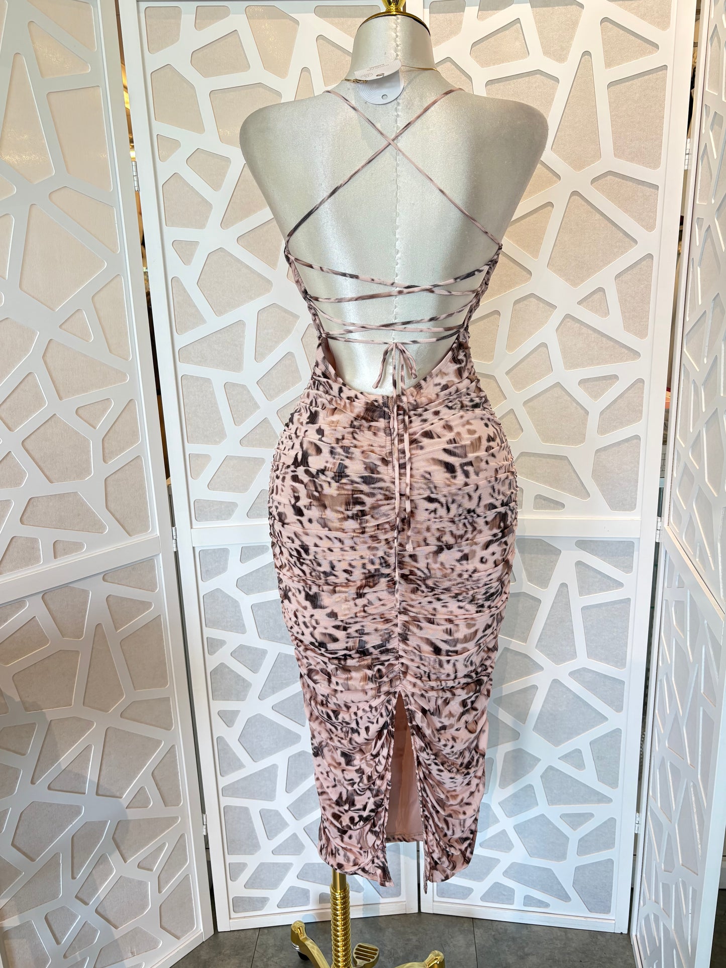 Pink leopard ruched mesh dress