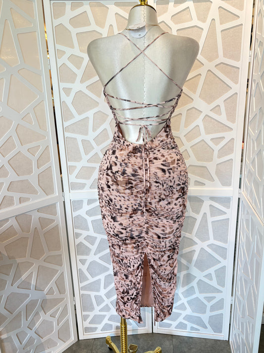 Pink leopard ruched mesh dress