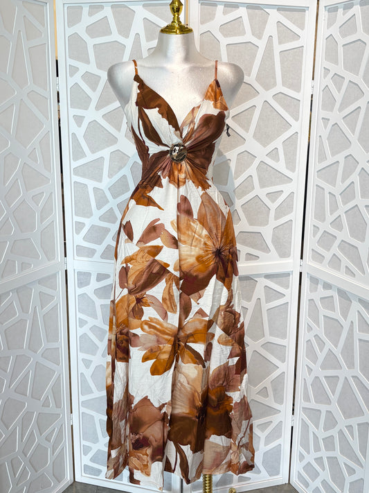 Drop waist maxi dress w/gold button detail