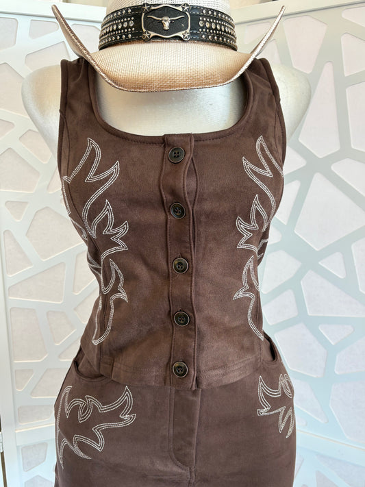Embroidered suede vest