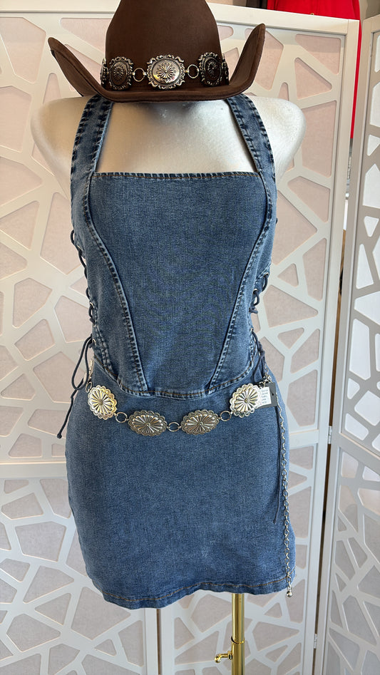 Des denim halter mini dress