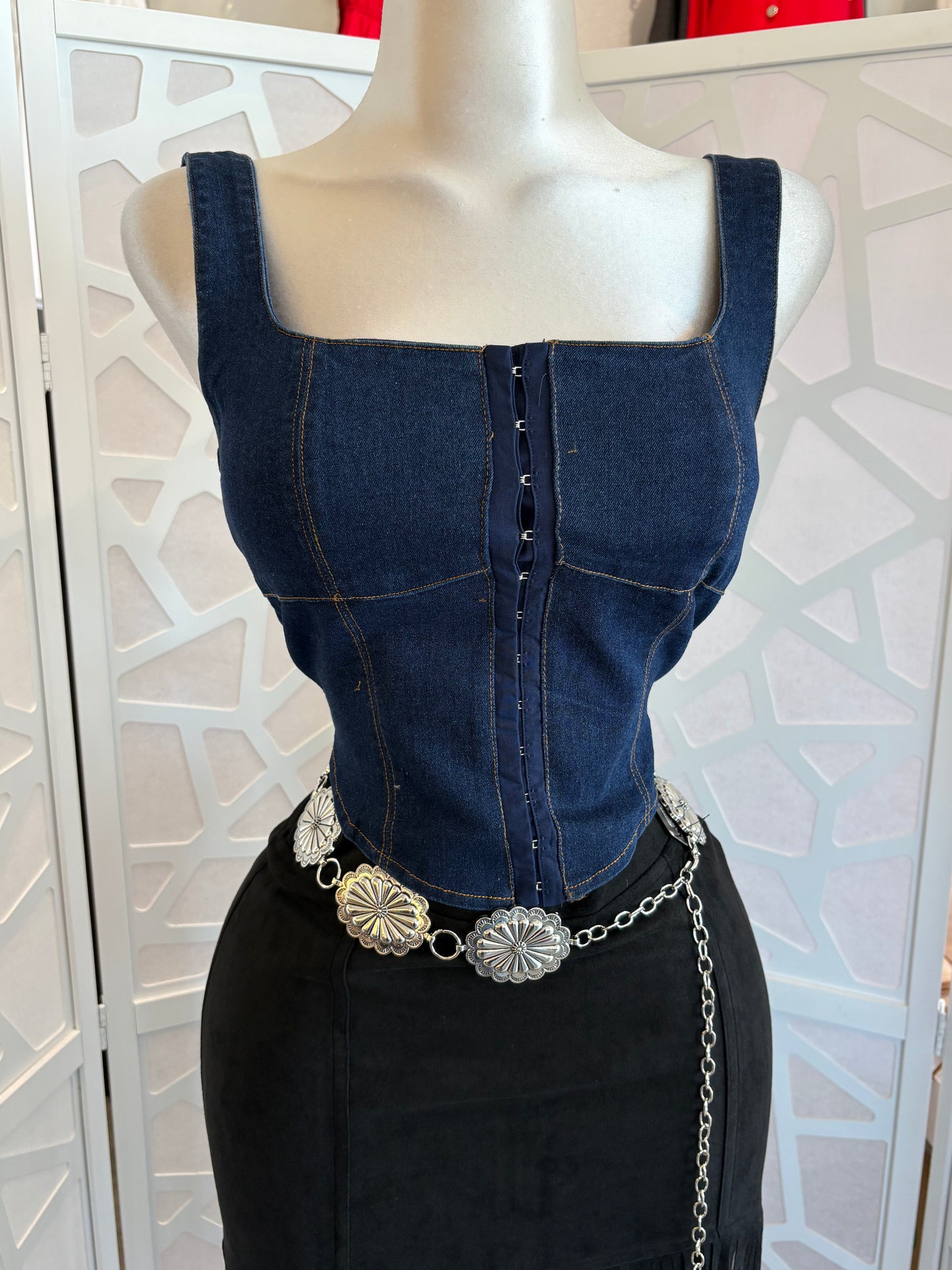 Dark wash denim corset