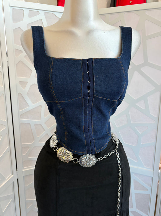 Dark wash denim corset