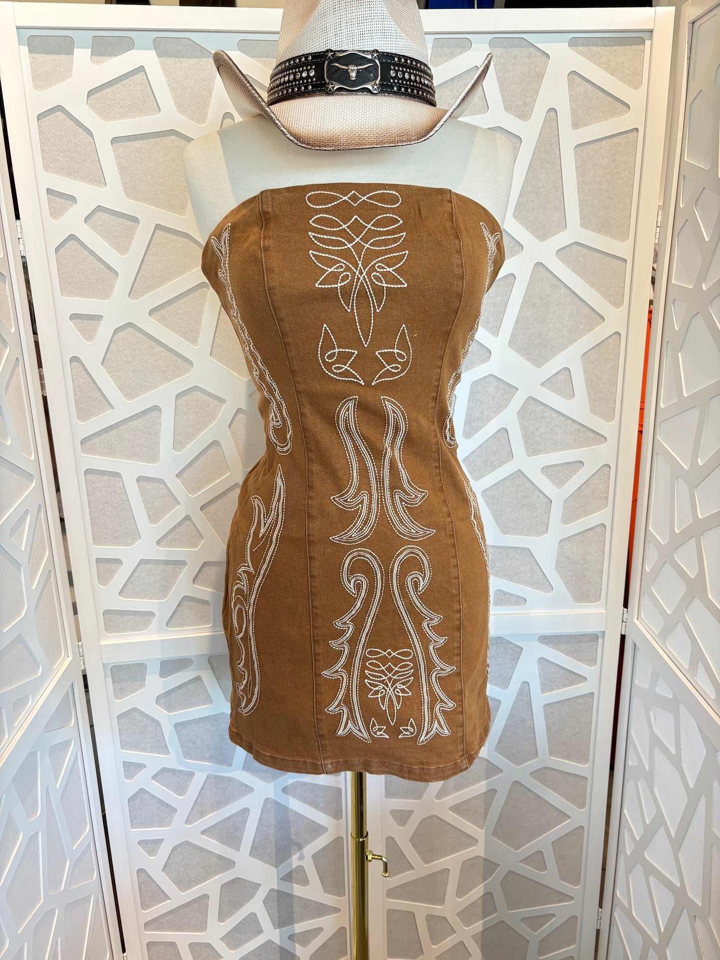 Brown denim embroidery dress