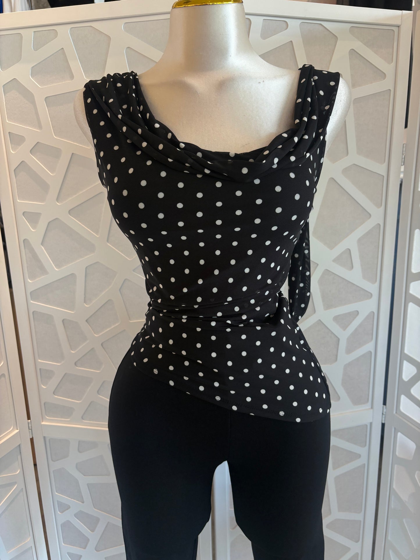 Polka dot asymmetrical scarf top
