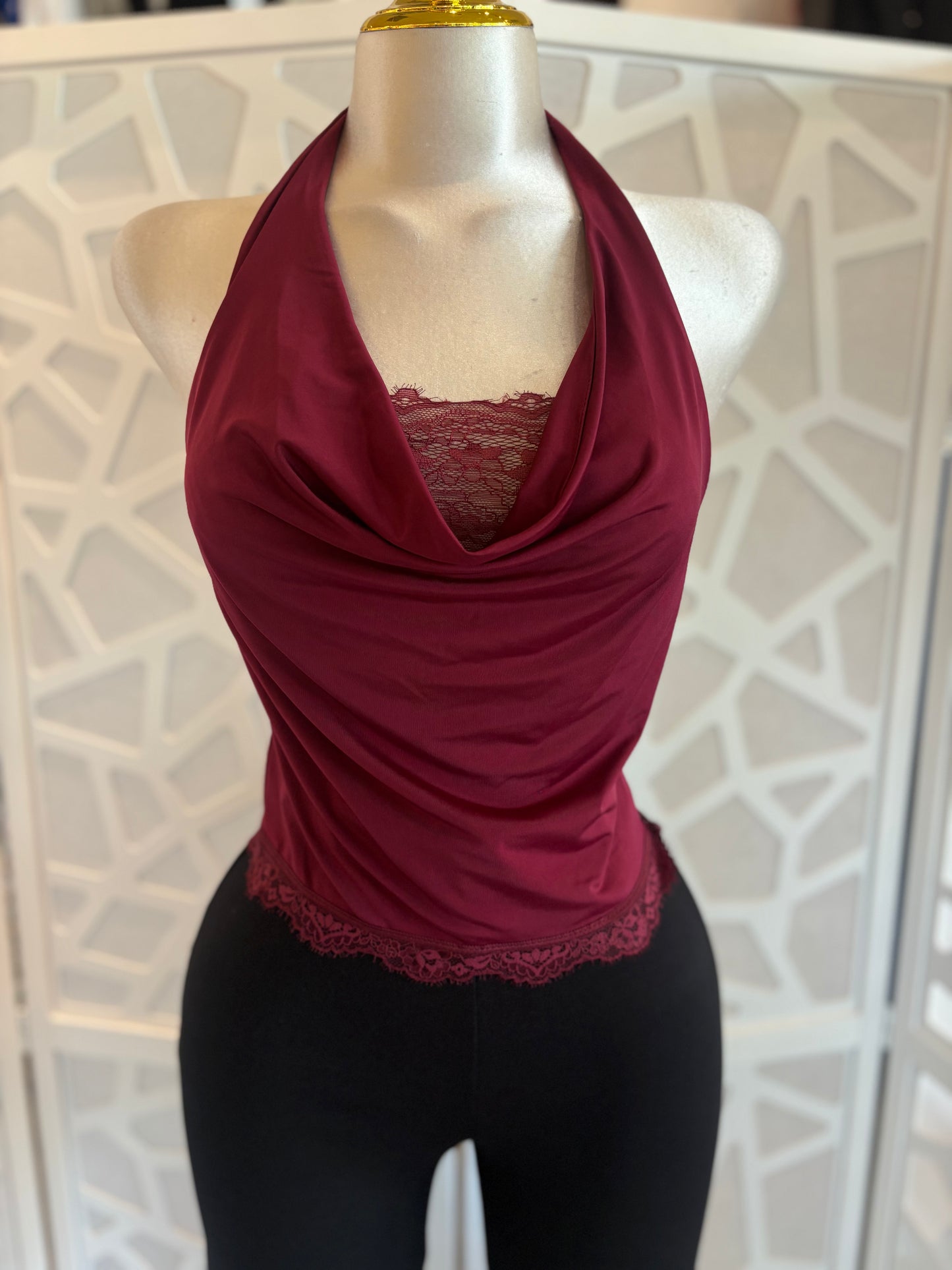 Cowl-neck lace trim top