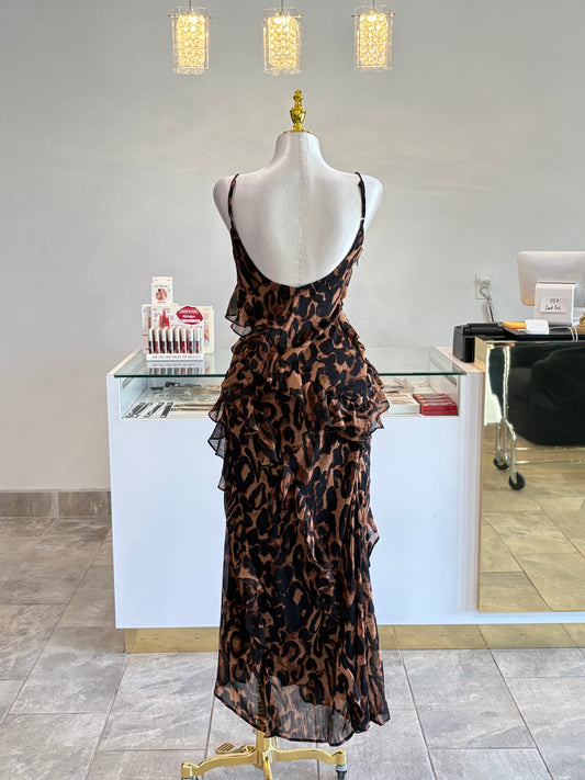 Leopard ruffled tiered slit dress