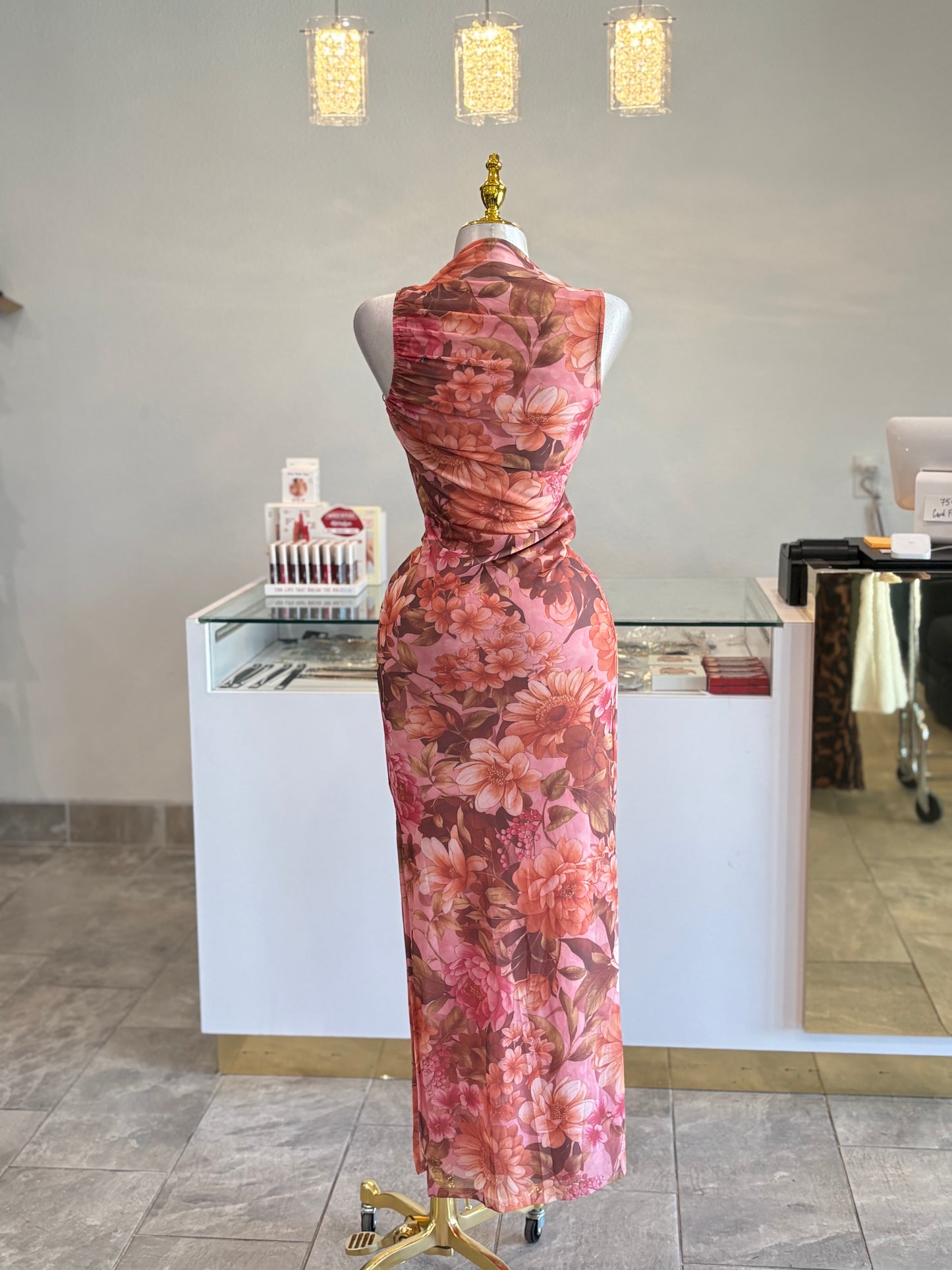 Floral ruched maxi dress with side slit