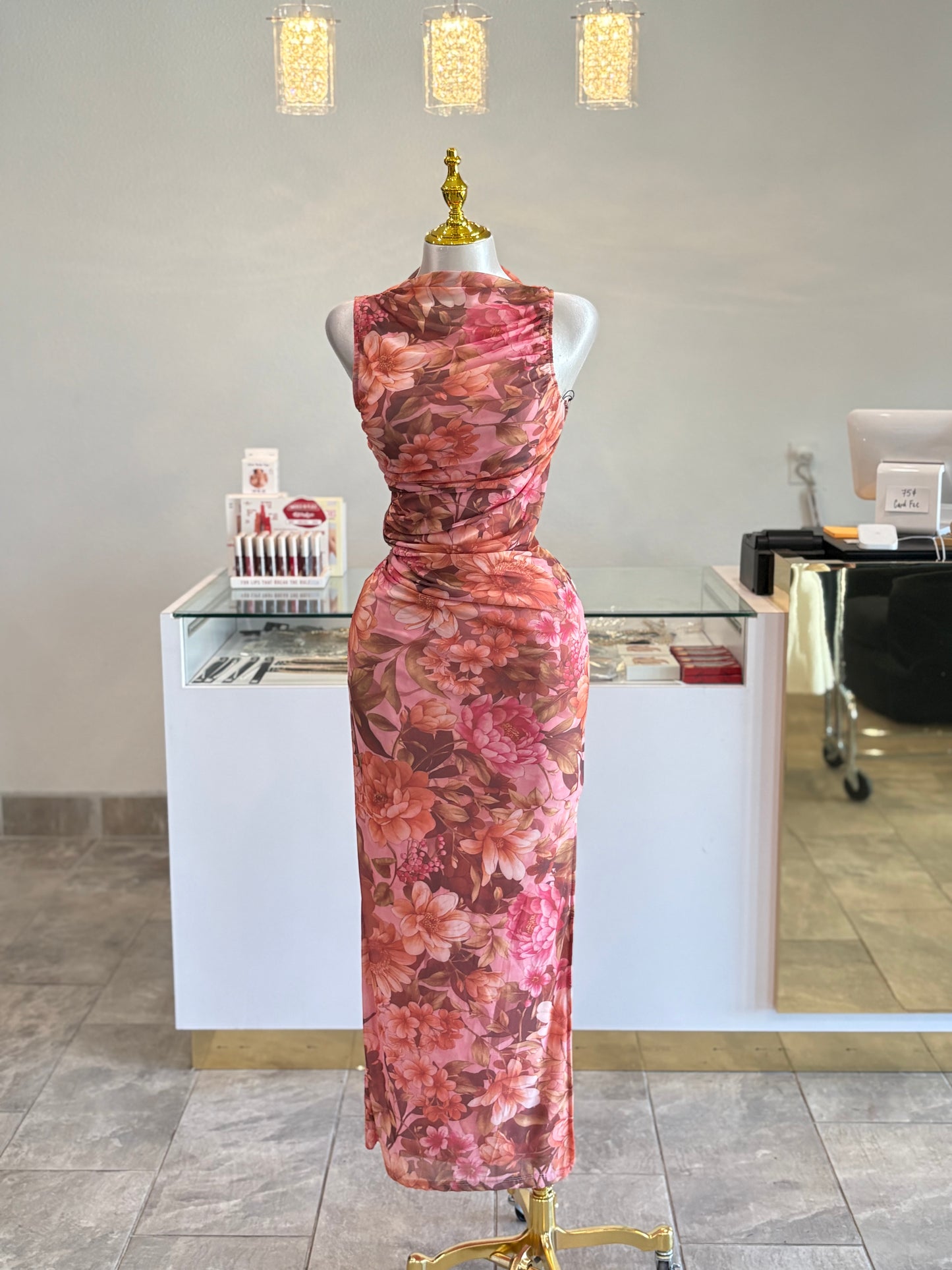 Floral ruched maxi dress with side slit