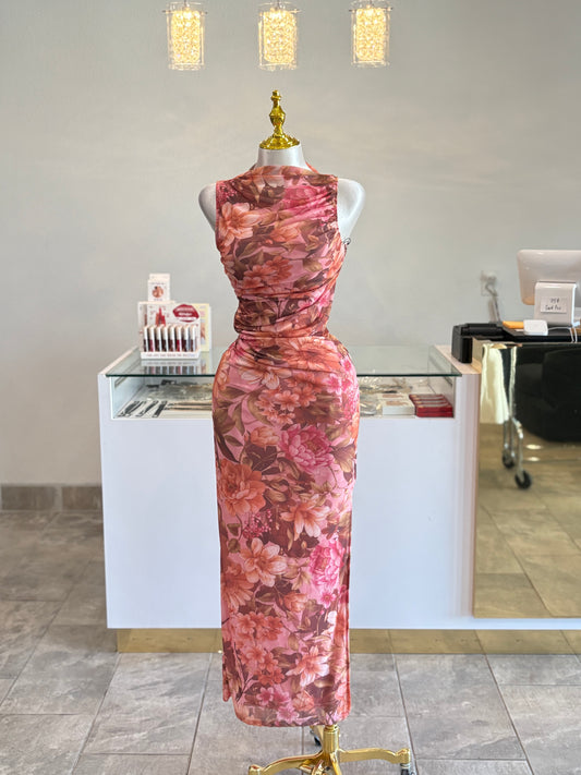 Floral ruched maxi dress with side slit