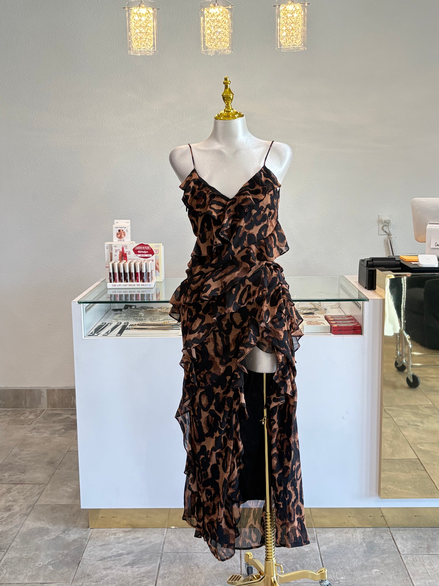 Leopard ruffled tiered slit dress