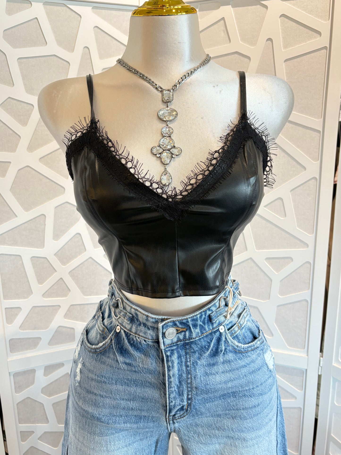 Faux leather lace top