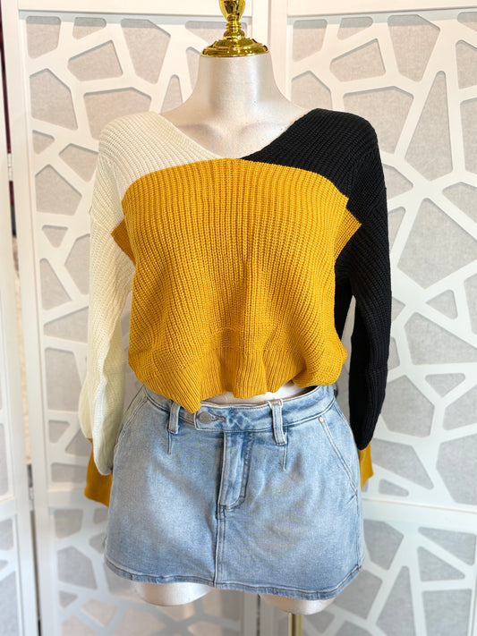 Color Block Twisted Open Back Loose Fit Sweater