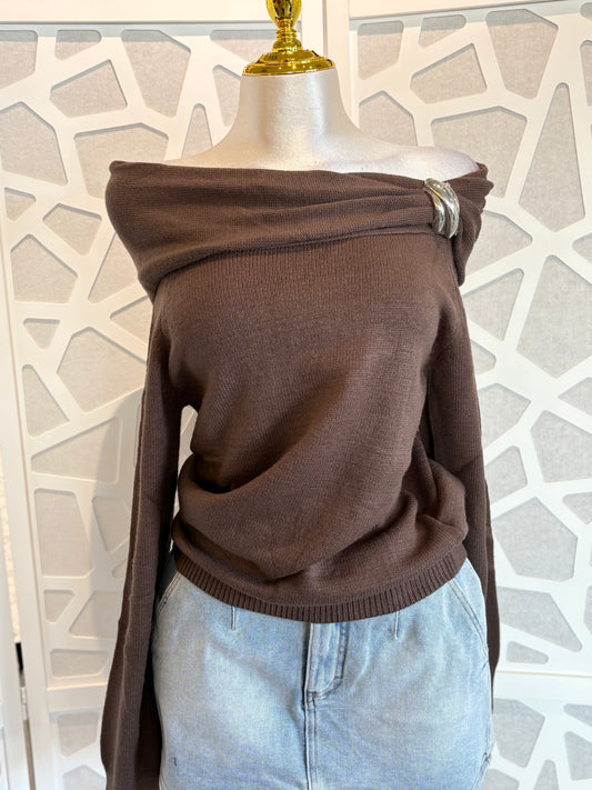 Off shoulder knitted long sleeve sweater
